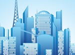Blue Reflective City Skyline Vector Graphic